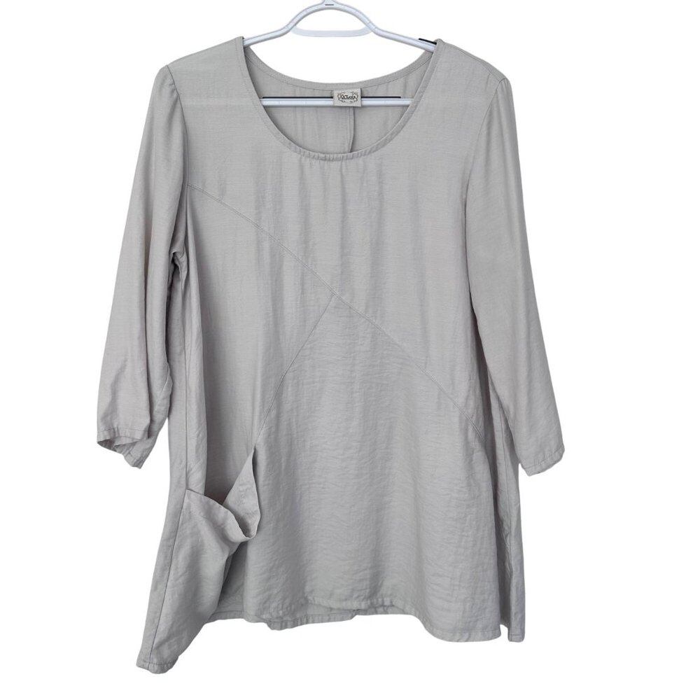 Et'Lois Womens Lagenlook Tunic Top 3/4 Sleeve Size M Off White Gray Pocket